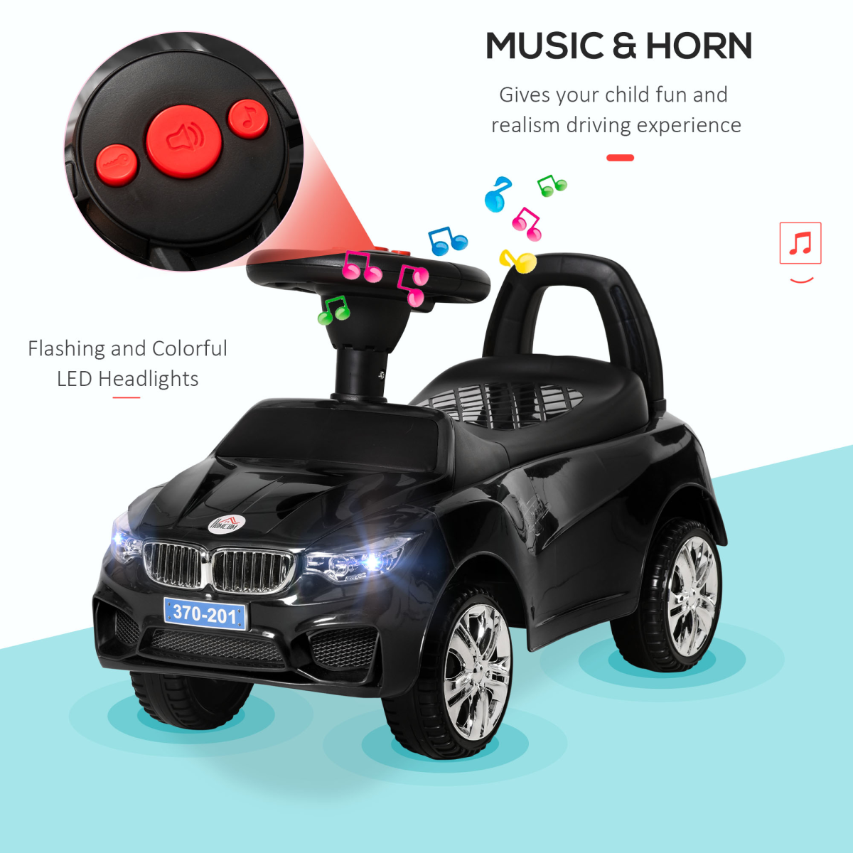 Kids Ride-On Car: Stylish Black Toddler Walker with Music & Storage