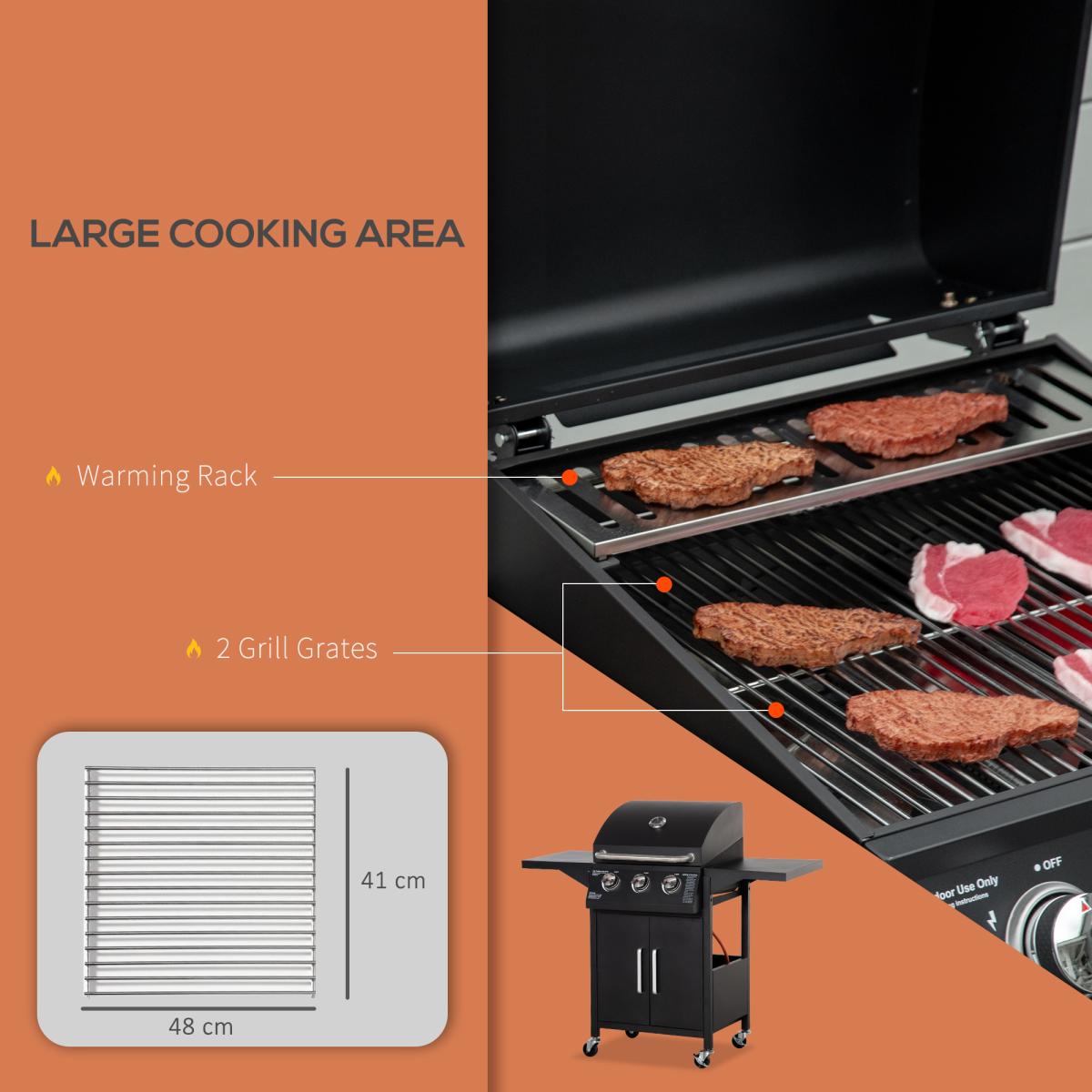 3-Burner Portable Gas BBQ Grill with Storage Cabinet