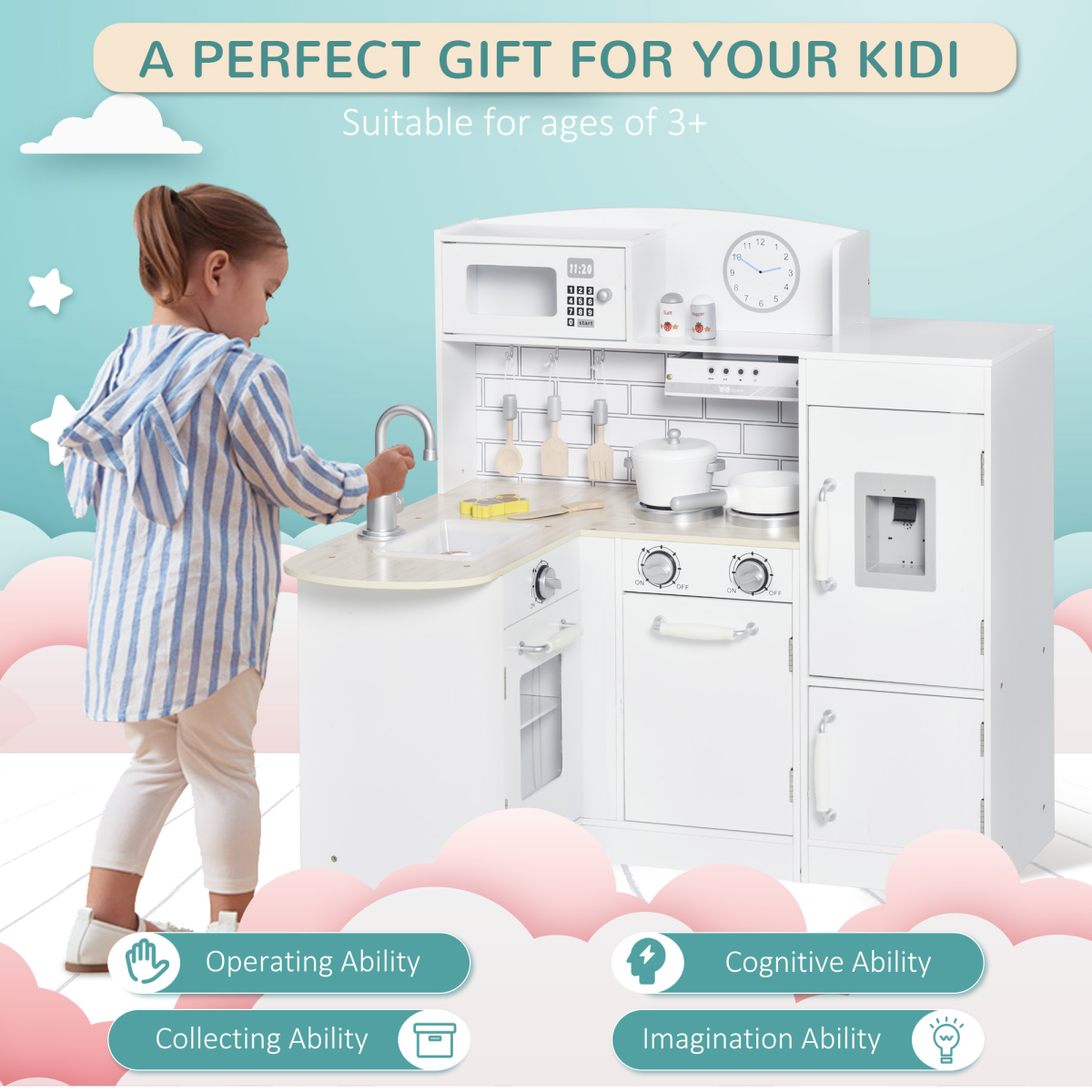 Whimsical Kids Kitchen Play Set with Interactive Fountain 14-Piece