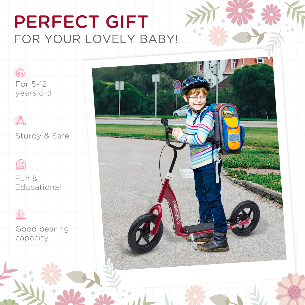 Red Push Scooter for Kids Stunt Bike with 12"