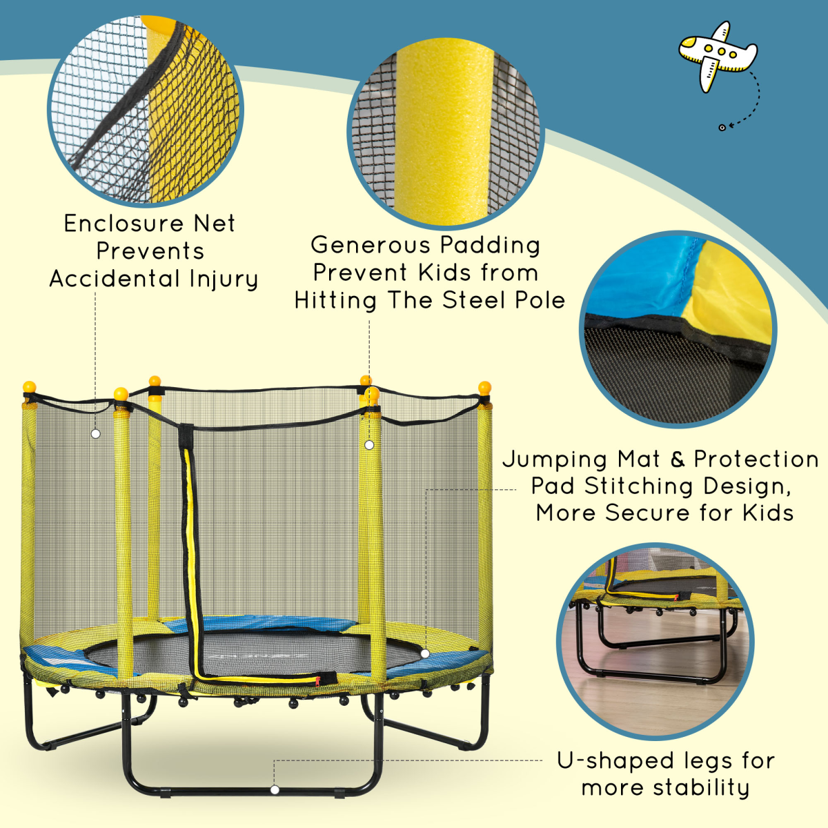 Safe 4.6FT Kids Trampoline with Enclosure for Ages 1-10