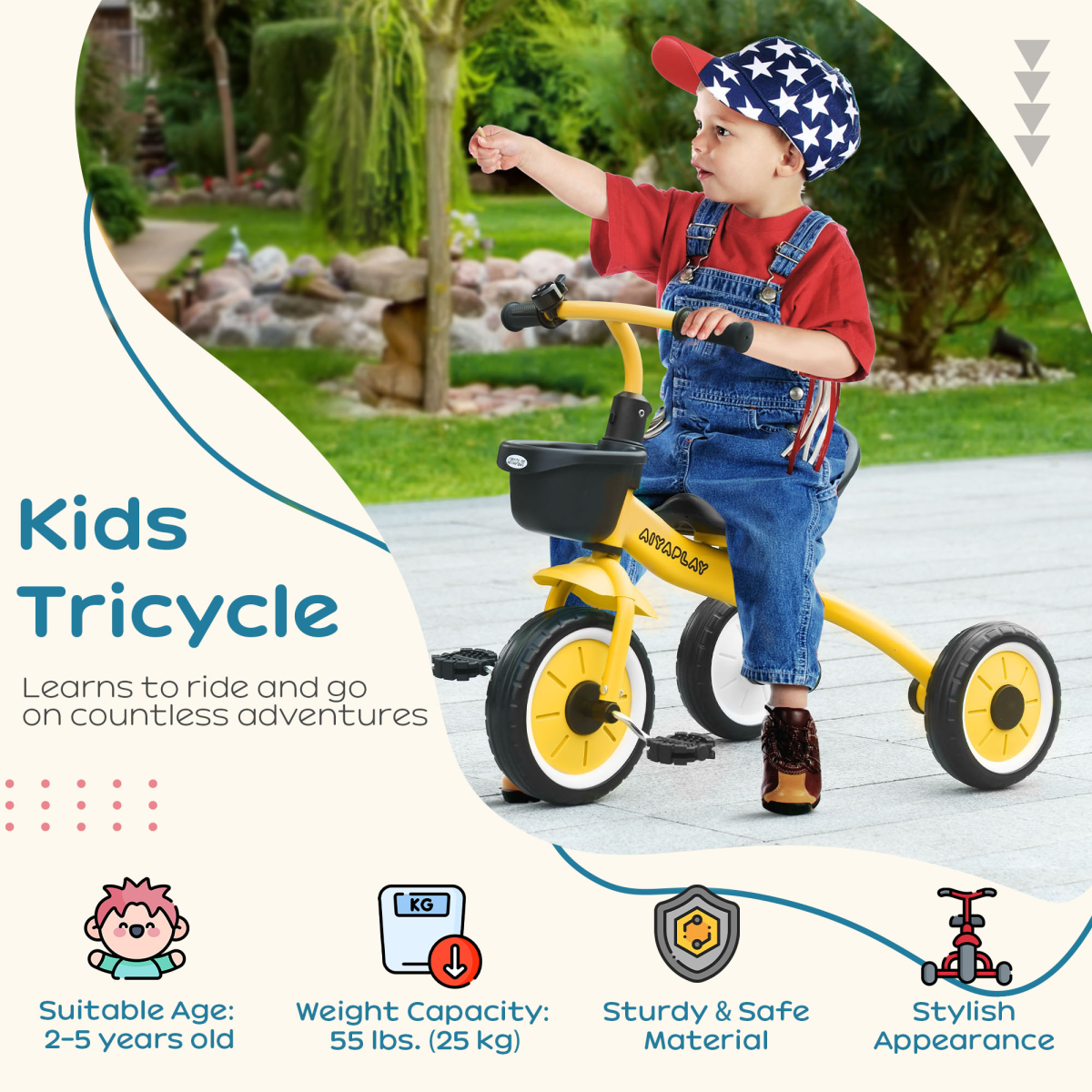 AIYAPLAY Adjustable Kids Tricycle for Ages 2-5, Yellow