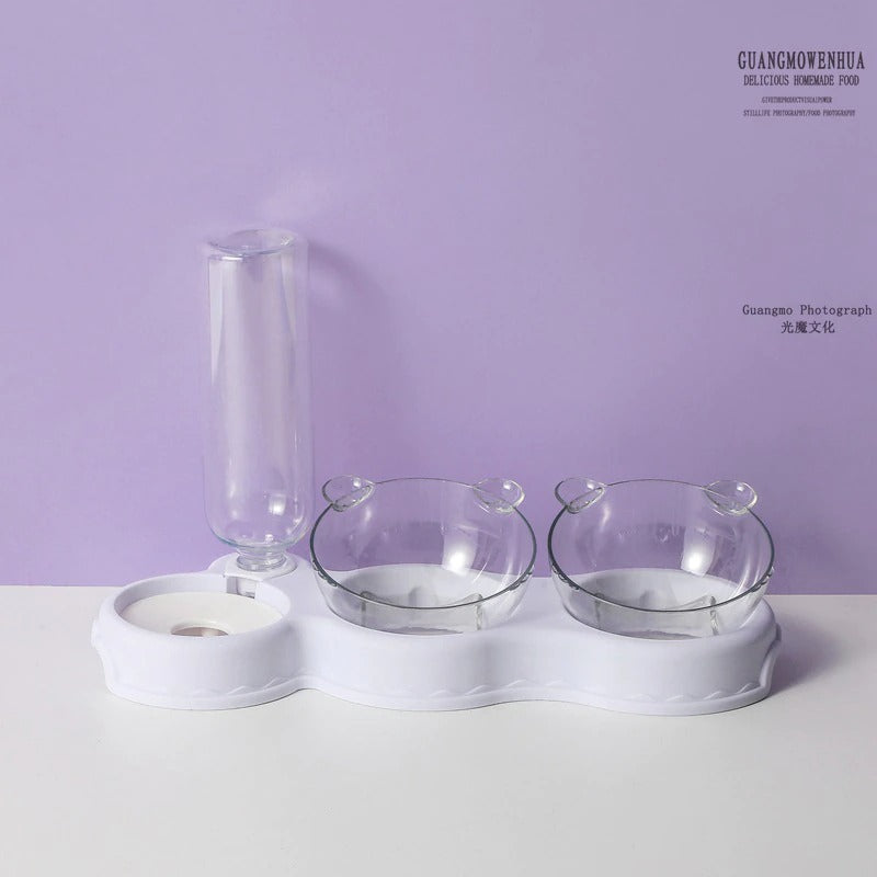 Cat Food Double Bowls Slow Feeder With Waterer Bottle