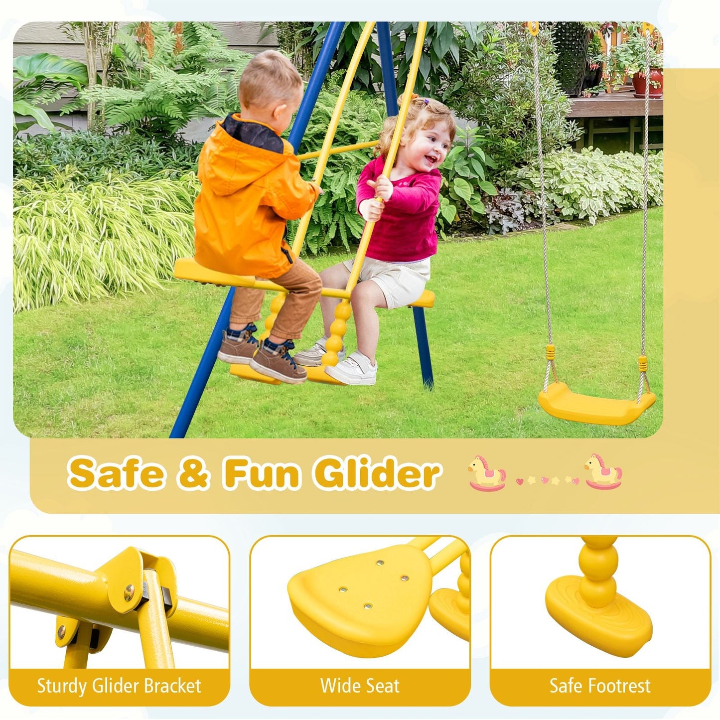 Heavy-Duty Kids Playset with 2 Swing Seats and 2 Glider Seats for Children 3-12 Years Old