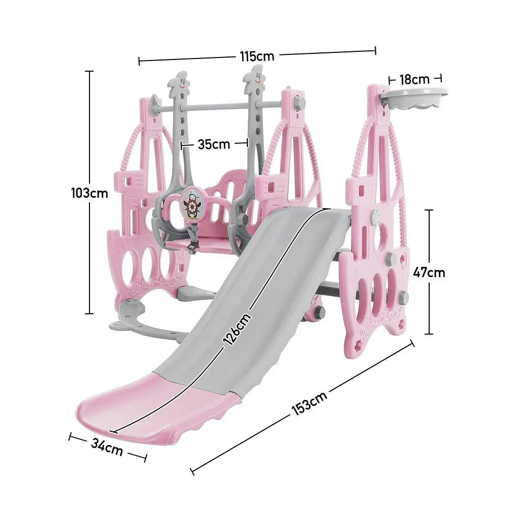 3-in-1 Children's Playground Set with Garden Climber, Slide, Swing, and Basketball Hoop in Pink