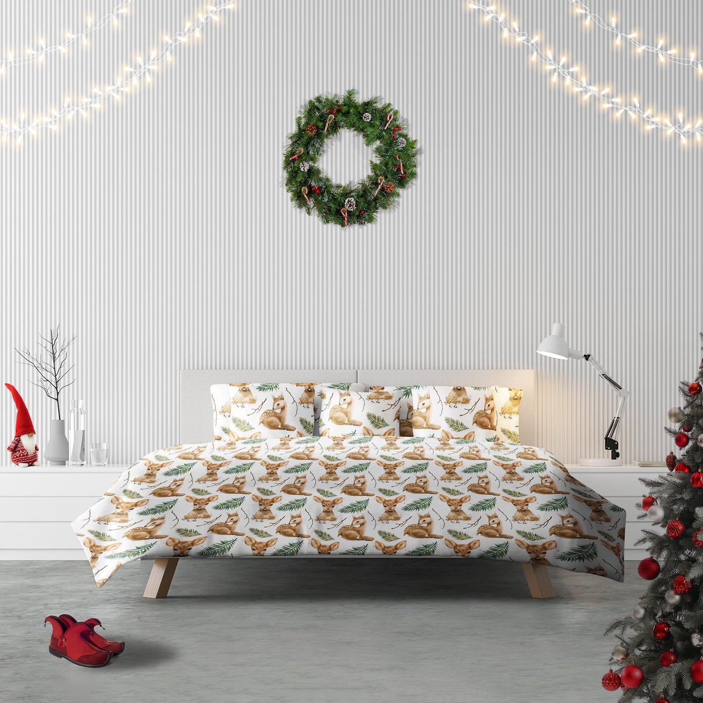 Deers & Fern Leaves Watercolor Duvet Cover Set