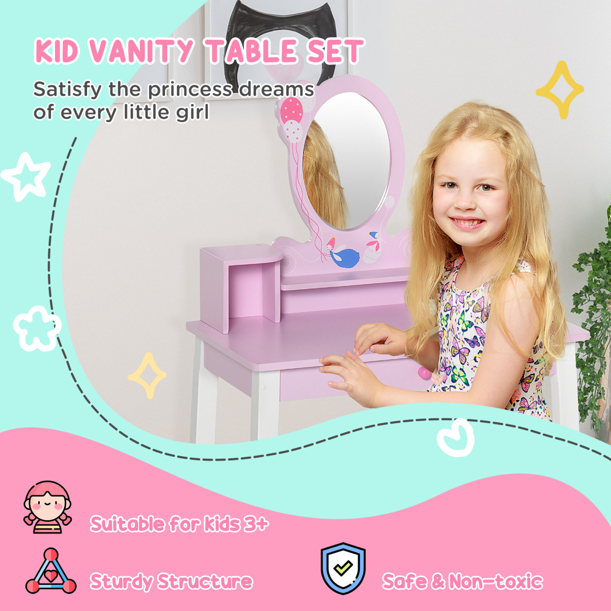 Pink Kids Dressing Table & Stool Set