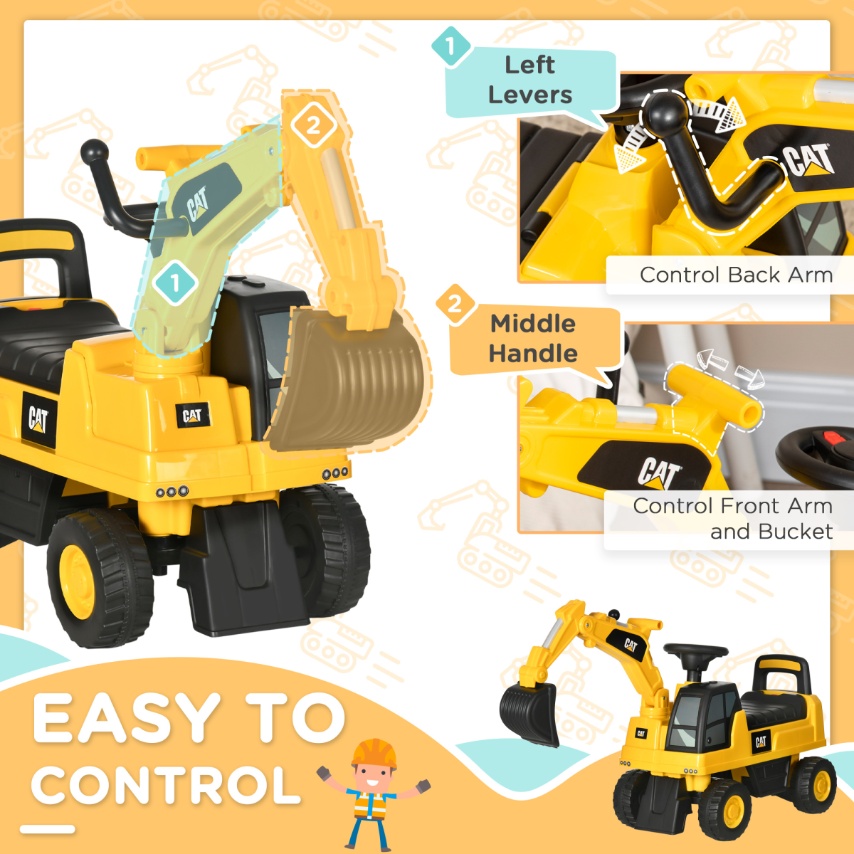 CAT Licensed Kids Ride-On Digger with Controllable Shovel - Age 1-3