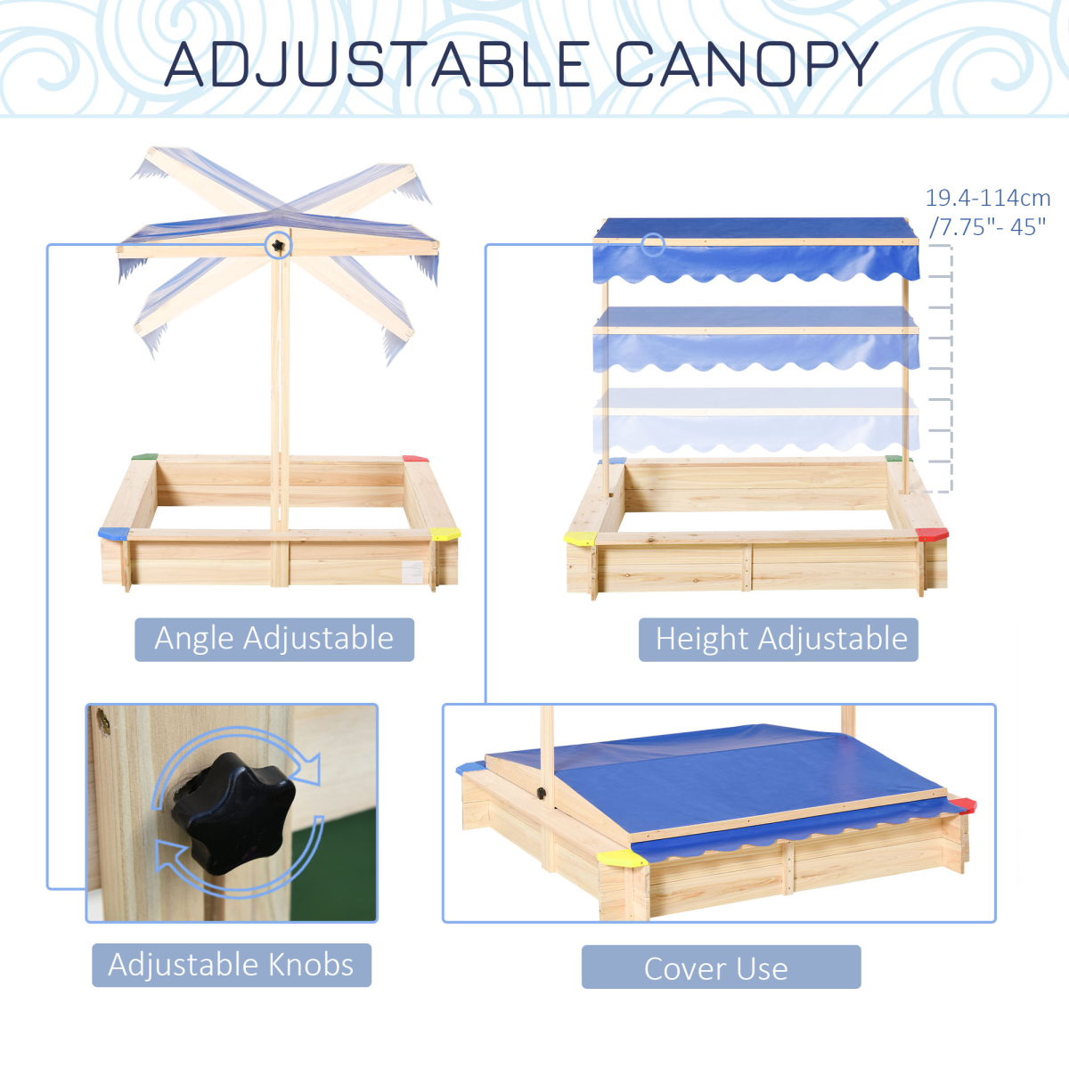 Adjustable Kids Wooden Sandbox Playset with Canopy & Bench