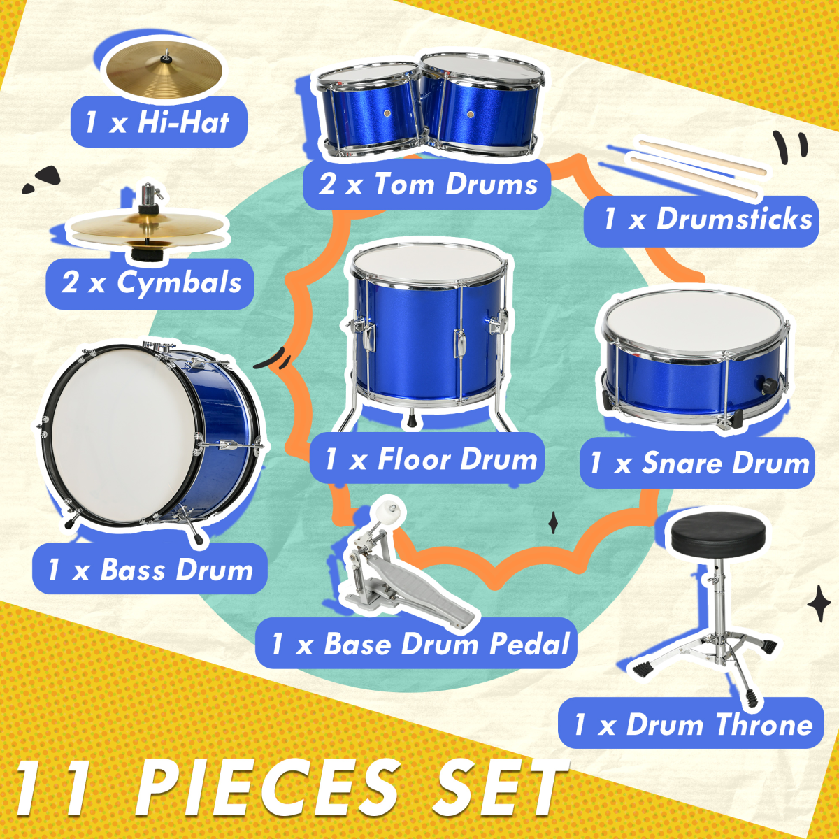 AIYAPLAY Junior Drum Set 11-Piece Kids Kit - Blue