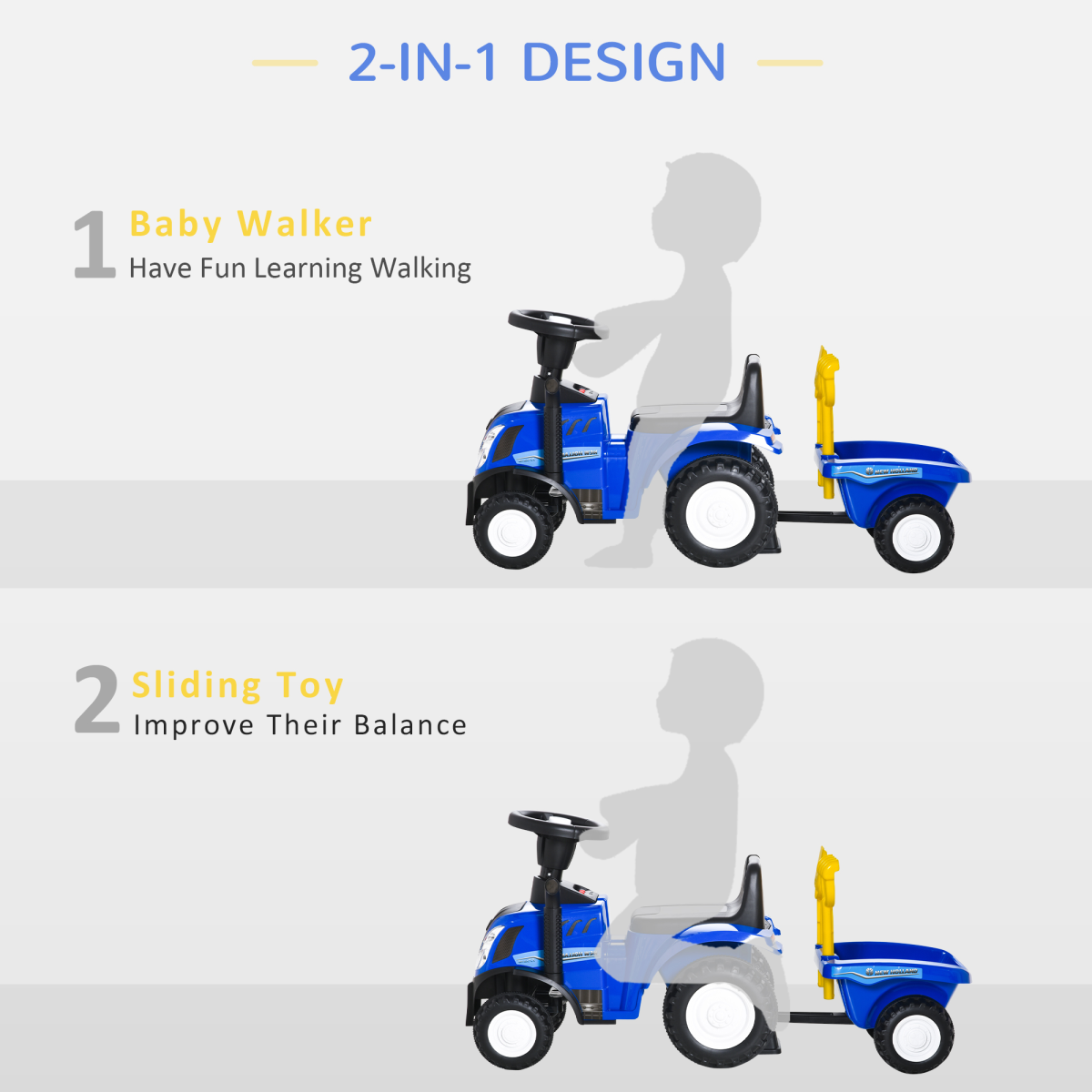 Blue Ride-On Tractor Toddler Walker & Slider for Ages 12-36 Months