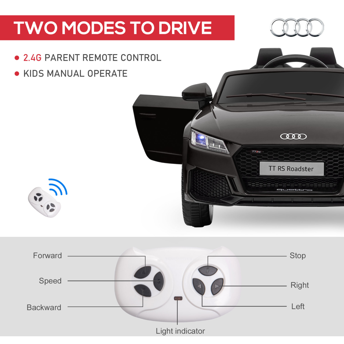 Licensed Audi TT Ride-On Car for Kids 12V Remote Control - Black