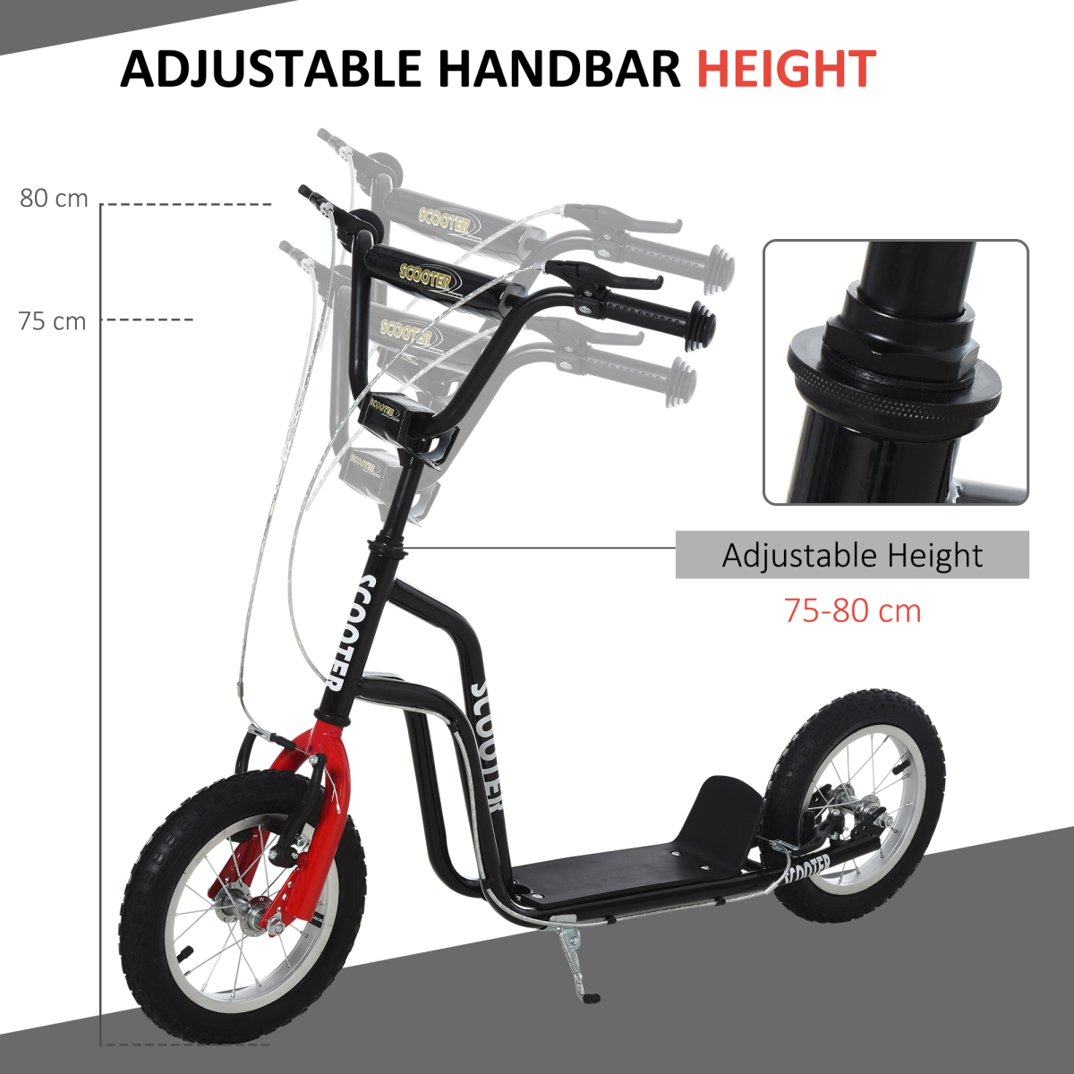 Adjustable Kids Kick Scooter with Inflatable Wheels - Black