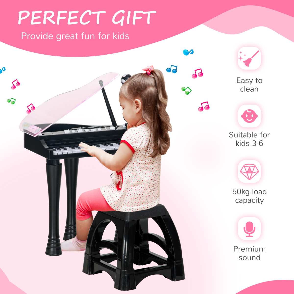 32-Key Kids Piano Keyboard Set with Microphone - Black