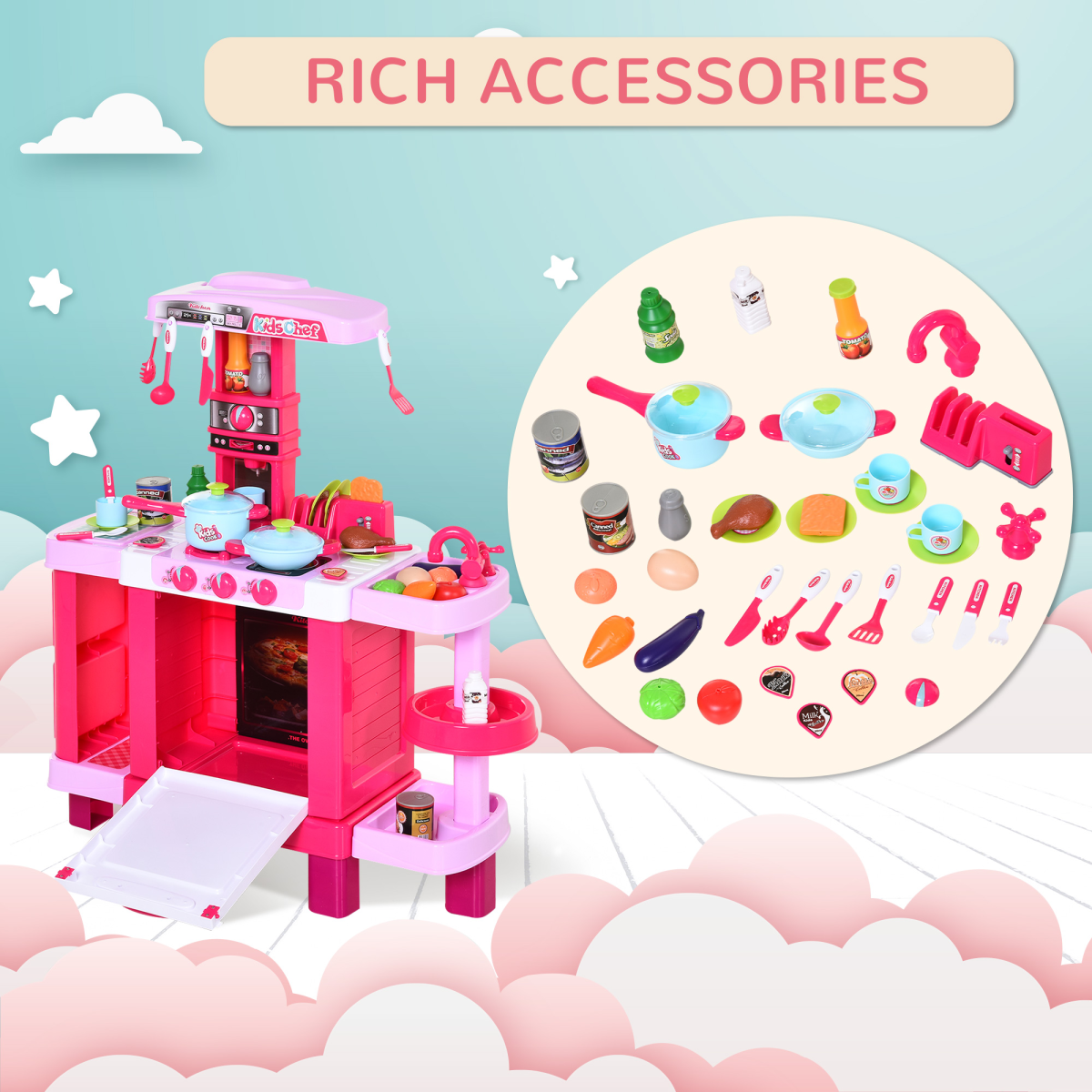 Deluxe 38-Piece Kids Kitchen Set with Sounds, Lights - Pink