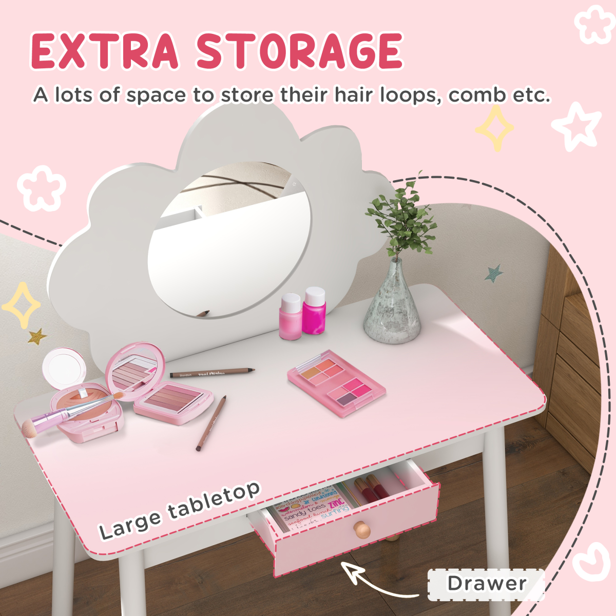AIYAPLAY Cloud-Inspired Kids Dressing Table Set with Mirror & Stool