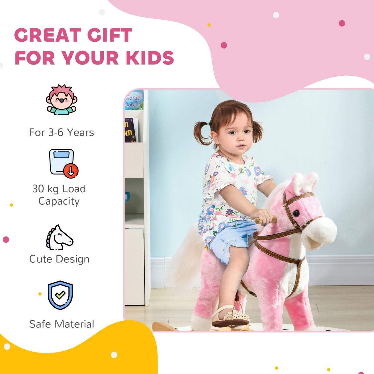 Pink Wooden Rocking Horse for Kids 3-6 Years