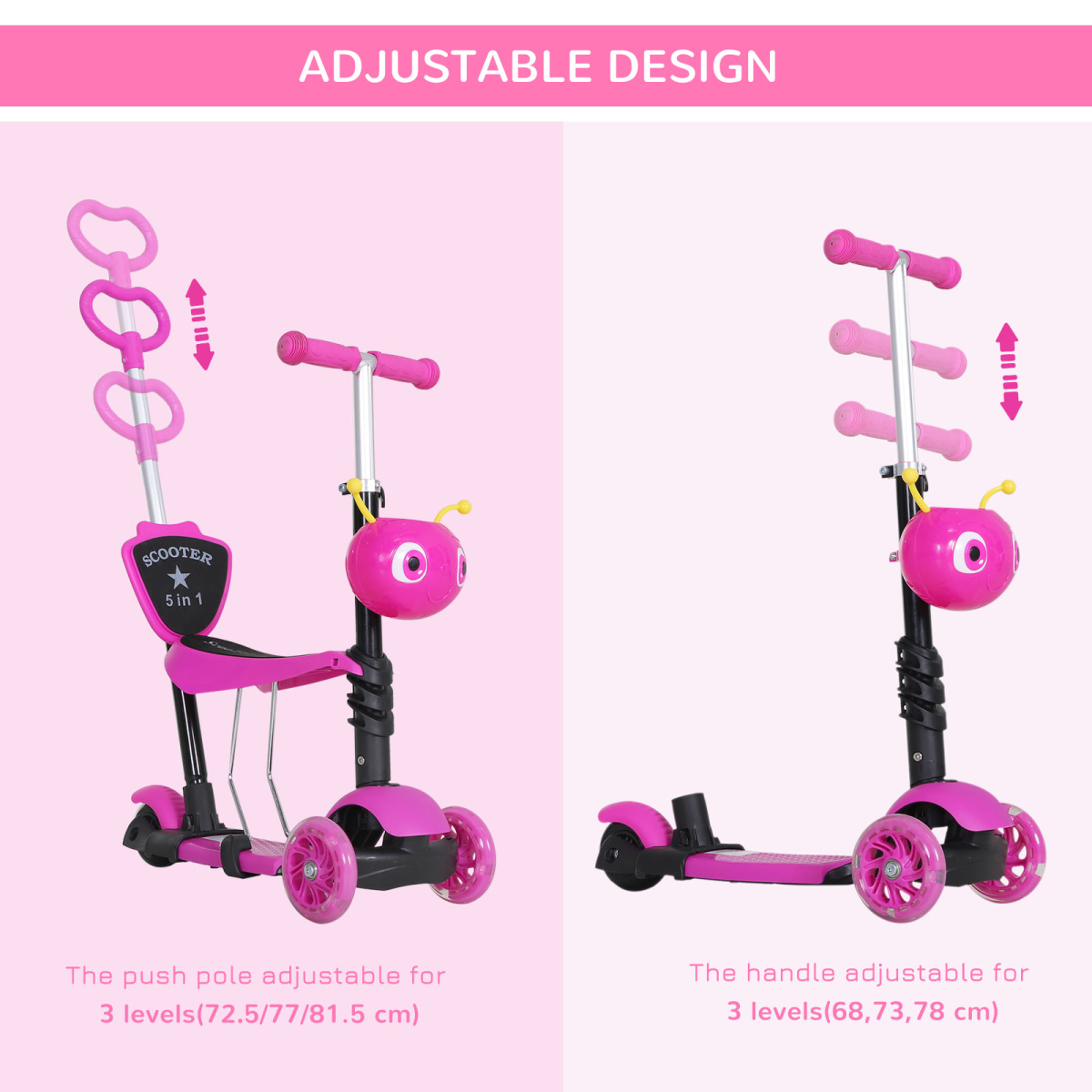 5-in-1 Adjustable Kids Scooter with Removable Seat