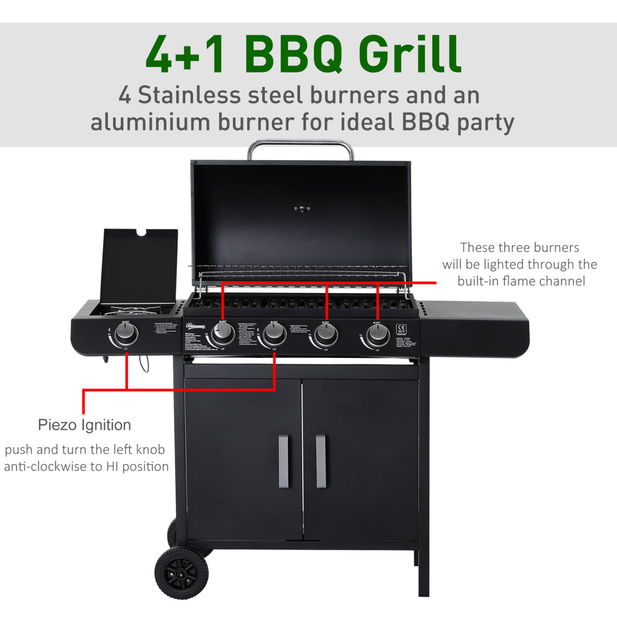 4-Burner Gas BBQ Grill with Side Burner & Easy-Move Wheels