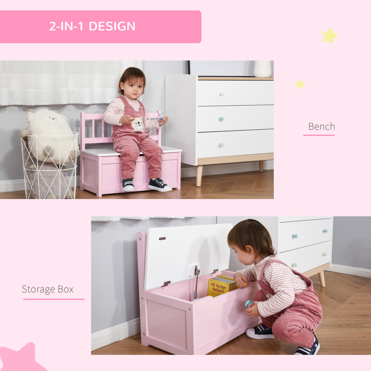 Kids 2-in-1 Wooden Toy Box & Bench with Backrest
