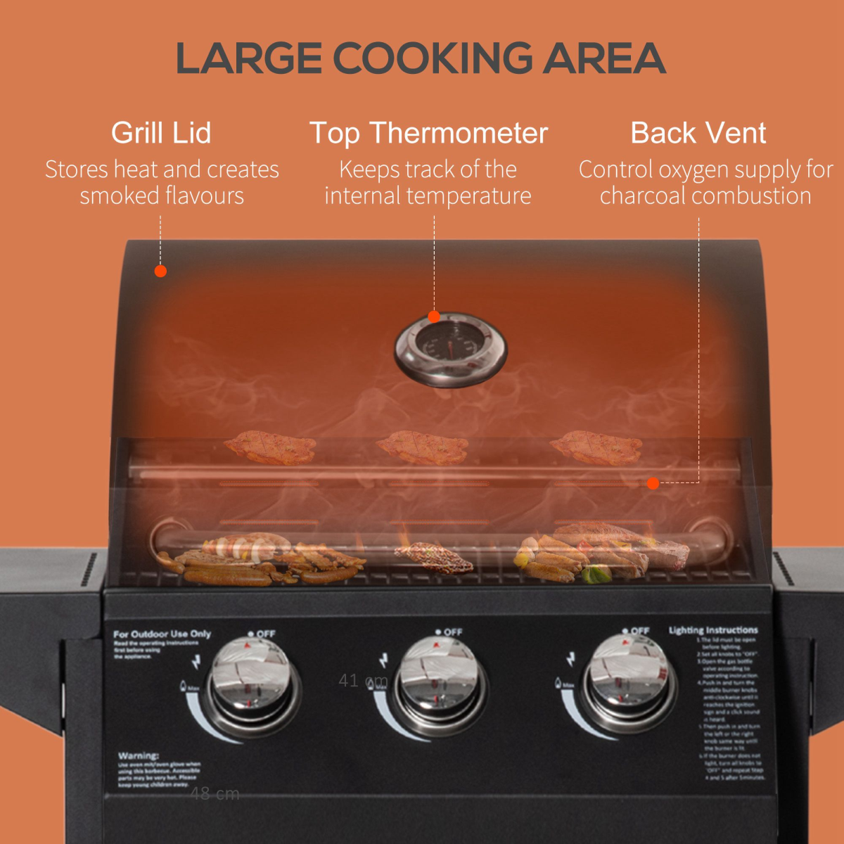 3-Burner Portable Gas BBQ Grill with Storage Cabinet