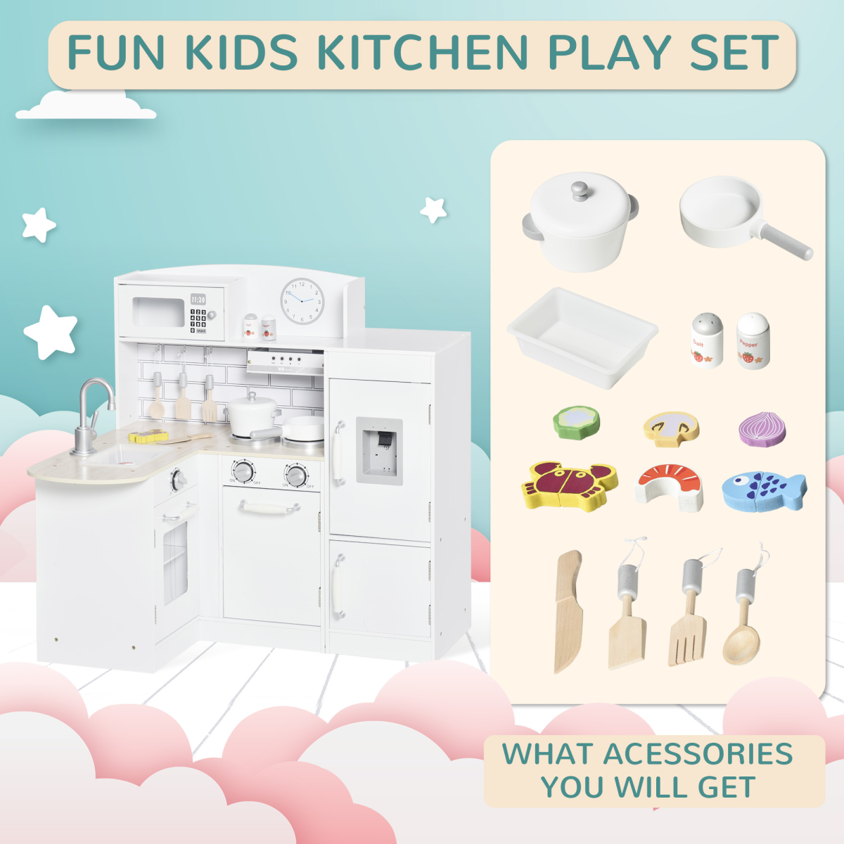 Whimsical Kids Kitchen Play Set with Interactive Fountain 14-Piece