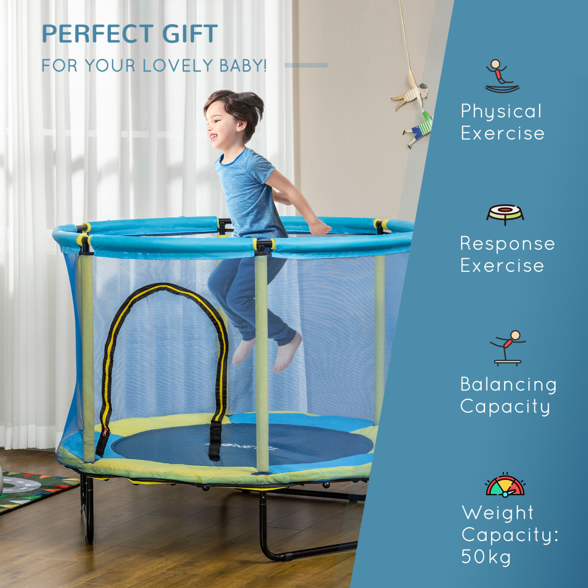 ZONEKIZ 4.6FT Bungee Trampoline with Safety Net for Kids - Blue