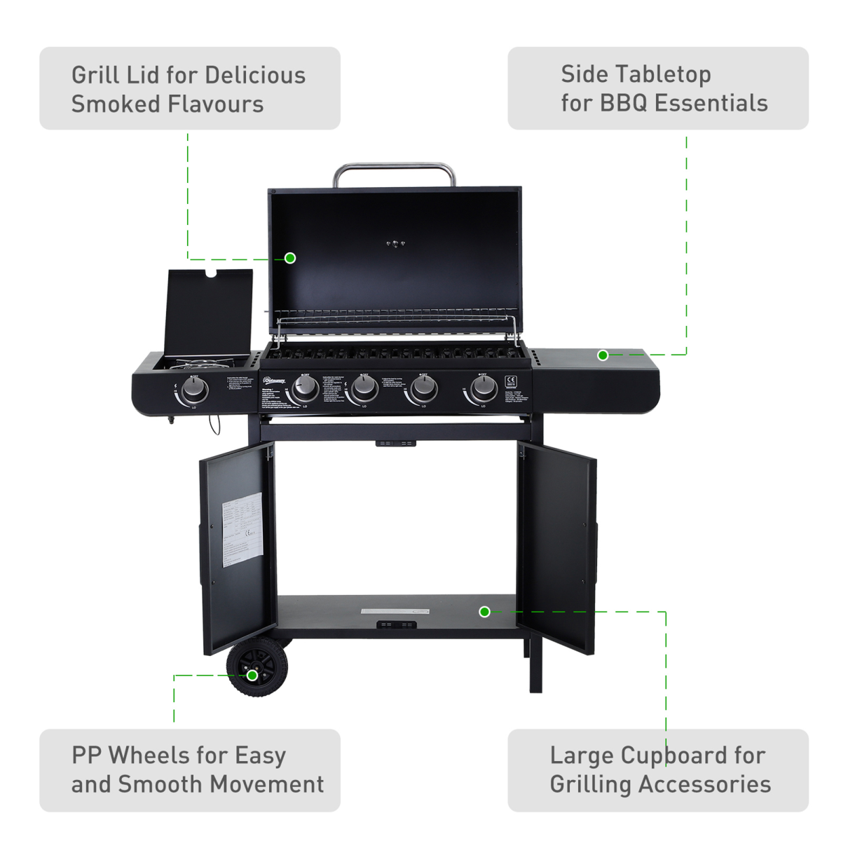 4-Burner Gas BBQ Grill with Side Burner & Easy-Move Wheels