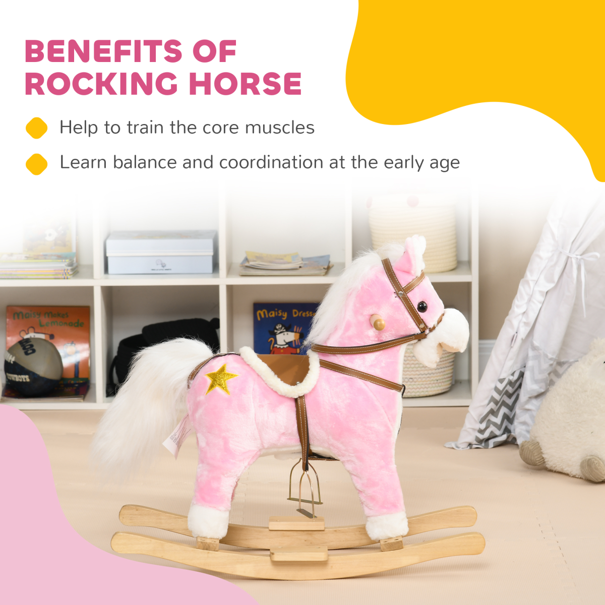 Pink Wooden Rocking Horse for Kids 3-6 Years
