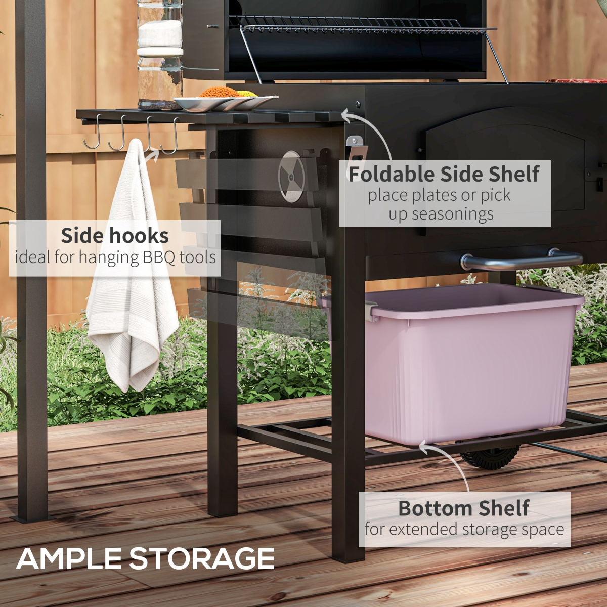Adjustable Charcoal BBQ Trolley with Thermometer & Lid Handle