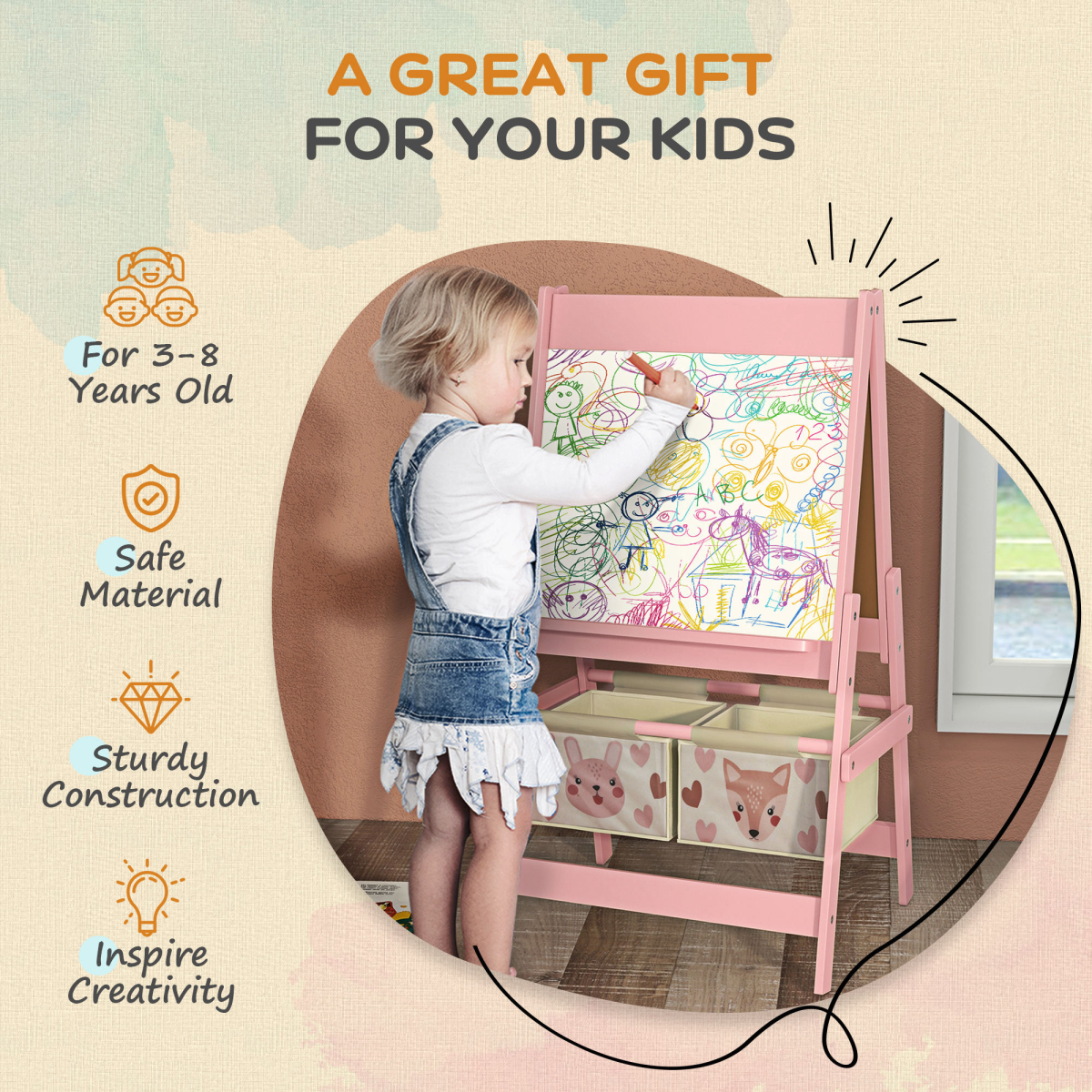AIYAPLAY Creative Kids Easel Dual Sided Art Station with Storage - Pink
