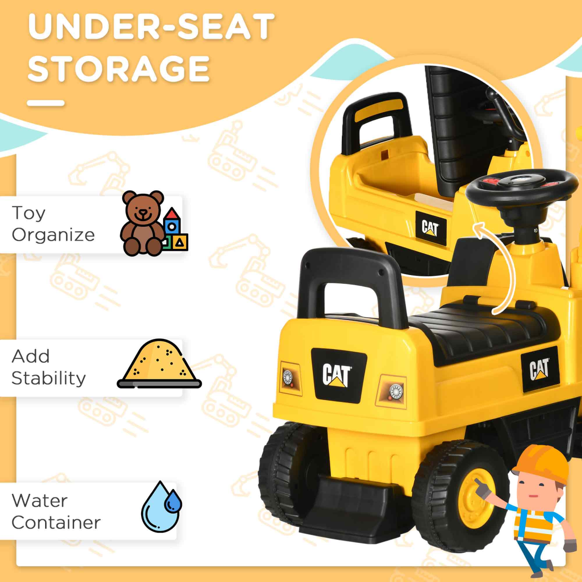 CAT Licensed Kids Ride-On Digger with Controllable Shovel - Age 1-3