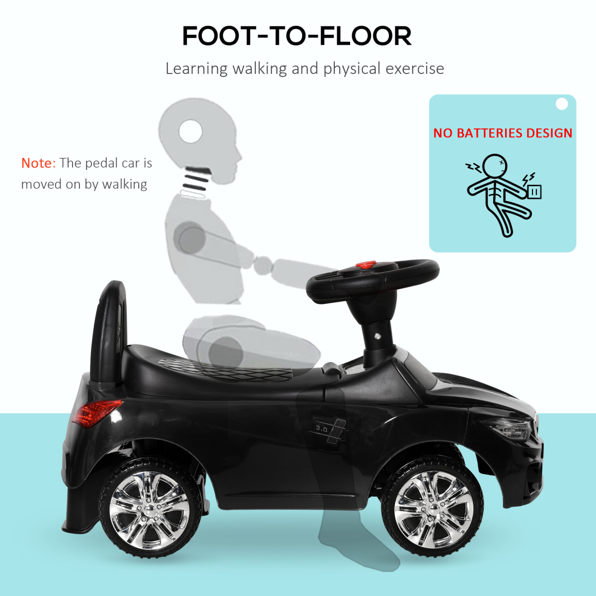 Kids Ride-On Car: Stylish Black Toddler Walker with Music & Storage