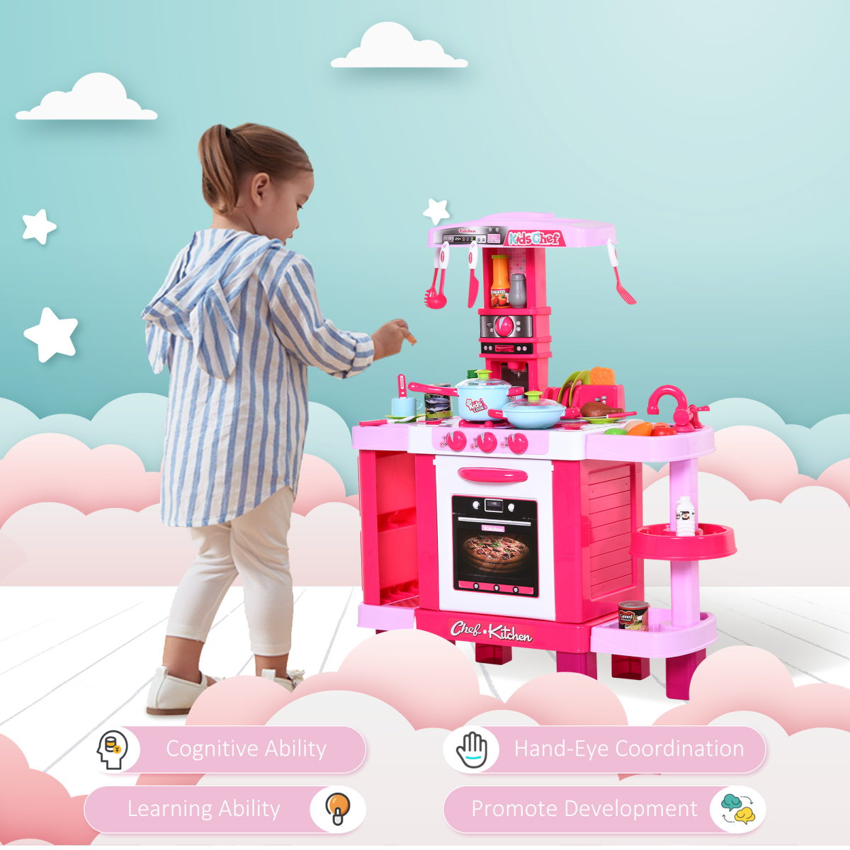 Deluxe 38-Piece Kids Kitchen Set with Sounds, Lights - Pink