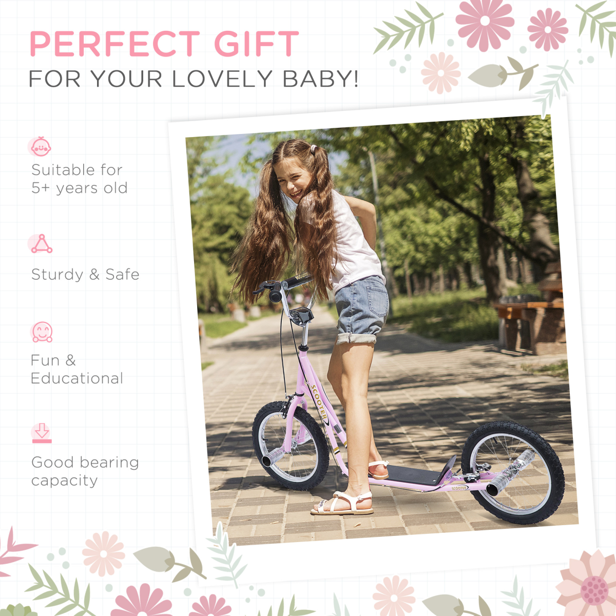 Adjustable Pink Stunt Scooter for Kids 16" Wheels