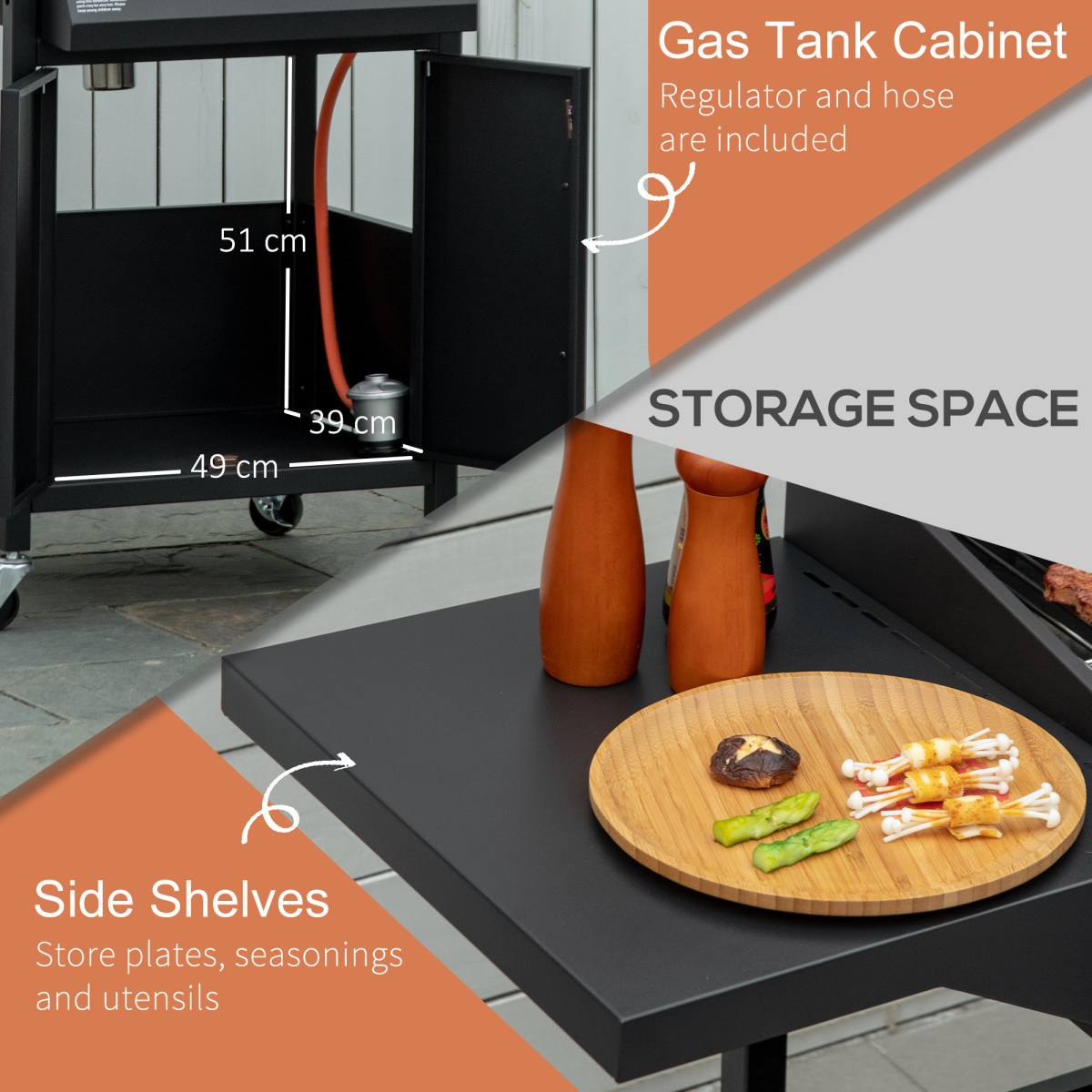 3-Burner Portable Gas BBQ Grill with Storage Cabinet