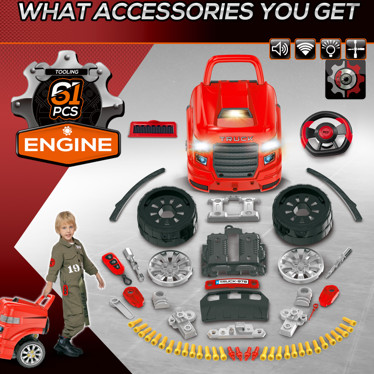 Ultimate Kids Truck Engine Toy Set with Horn & Lights - 61 Pieces of Fun!