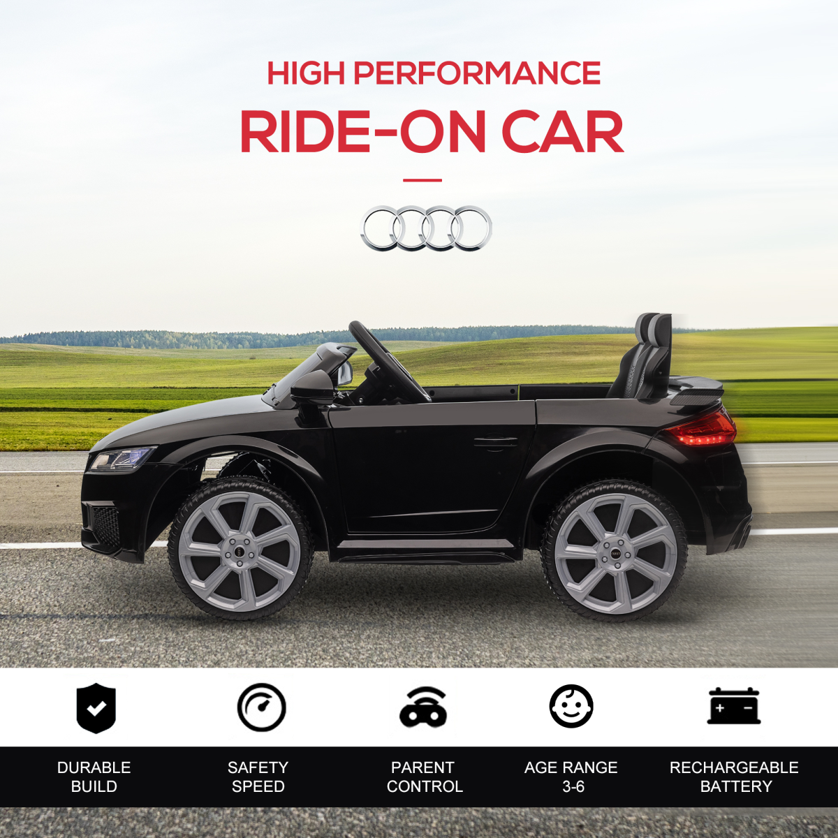 Licensed Audi TT Ride-On Car for Kids 12V Remote Control - Black