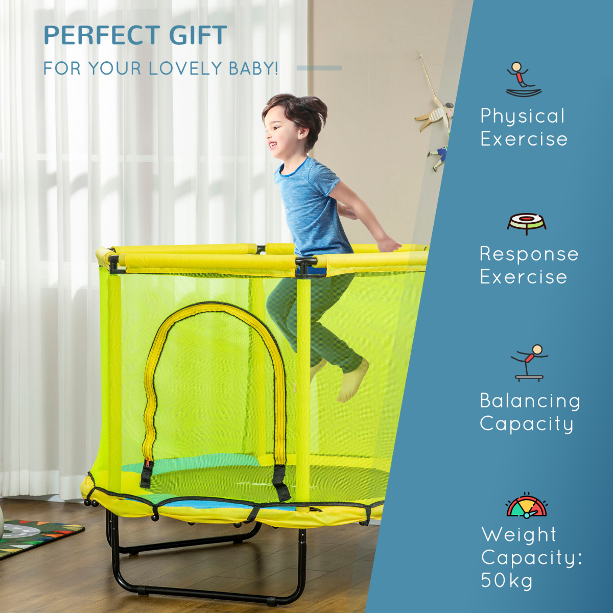 ZONEKIZ 4.6 FT Safe Indoor Bungee Trampoline with Enclosure Net for Kids