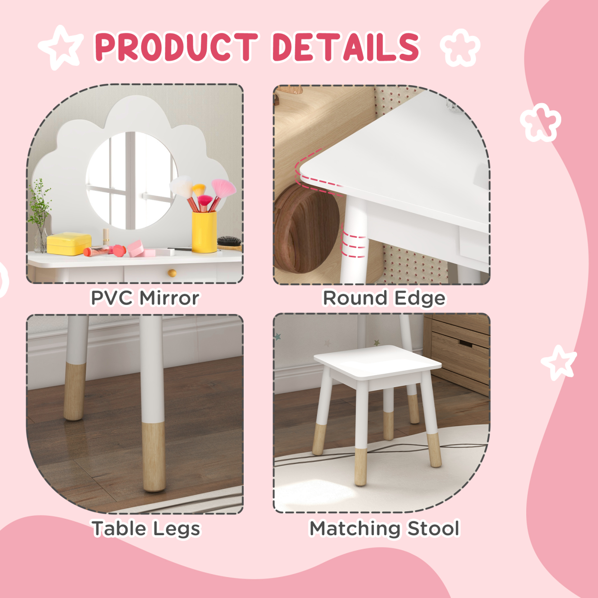 AIYAPLAY Cloud-Inspired Kids Dressing Table Set with Mirror & Stool
