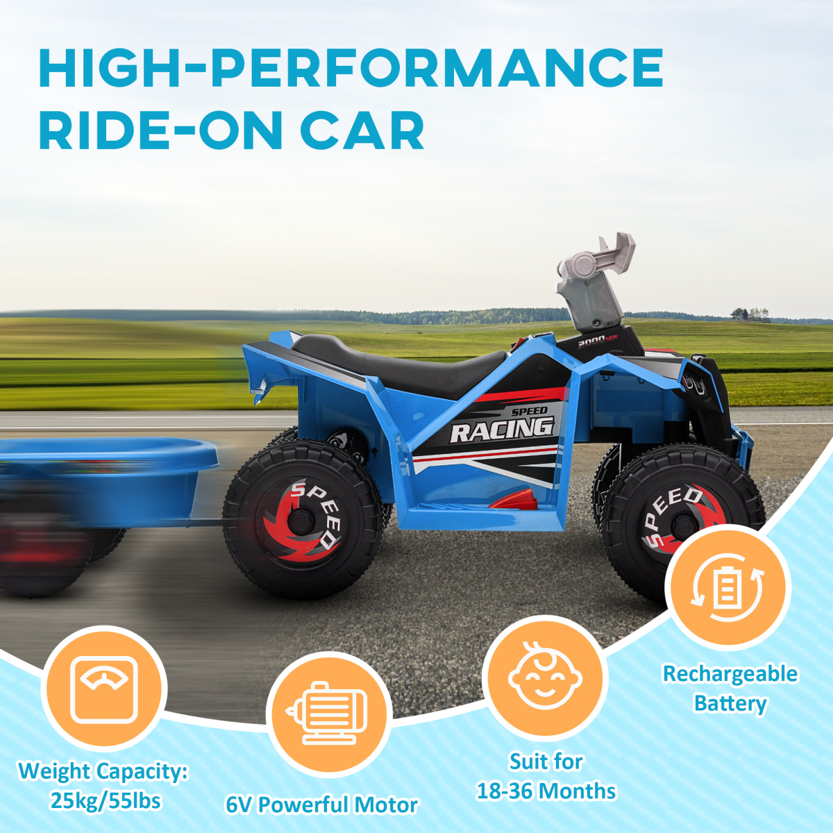 Electric Quad Bike, 6V Kids Ride-On ATV with Back Trailer - Blue