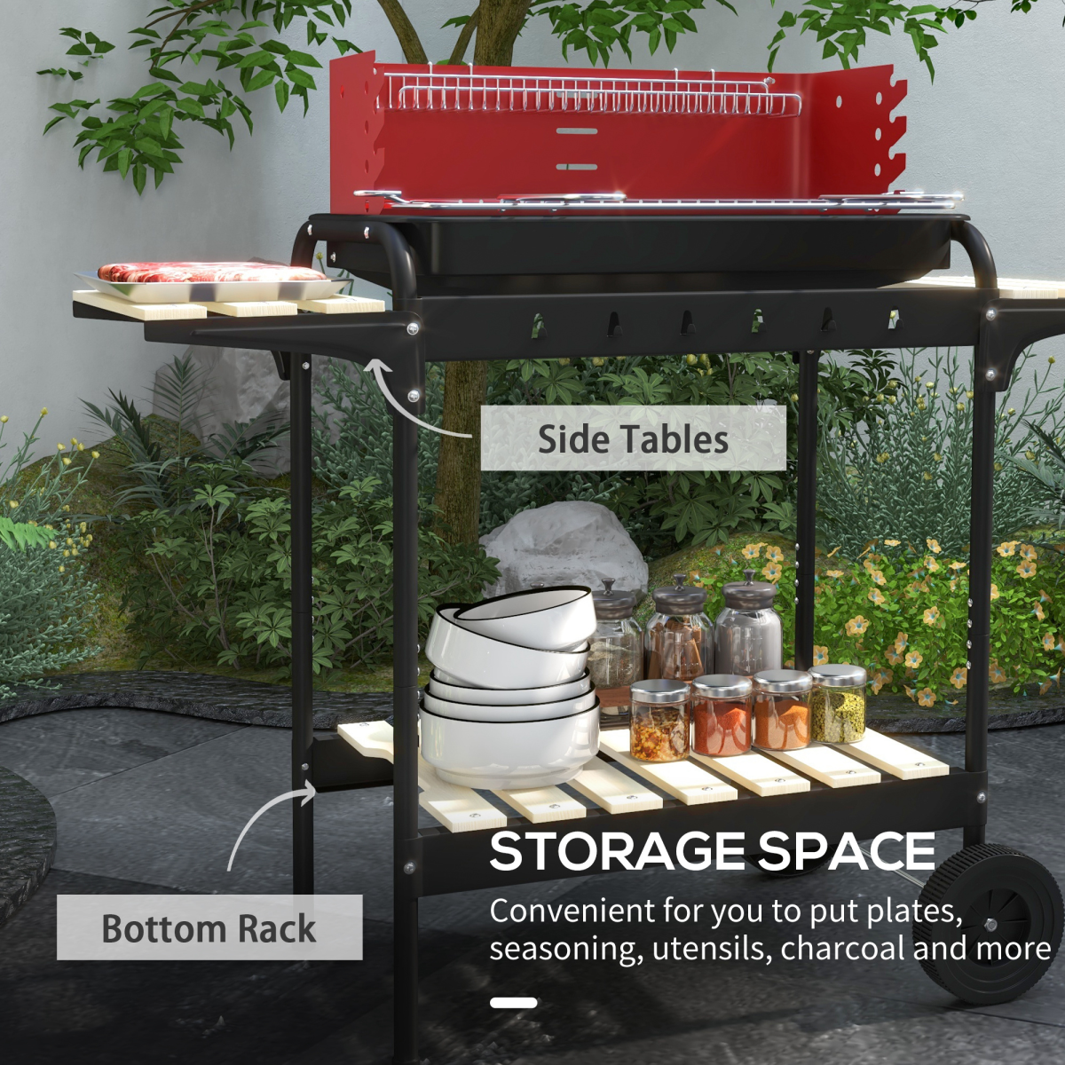Charcoal BBQ Grill Trolley 5-Level Height & Storage Shelves