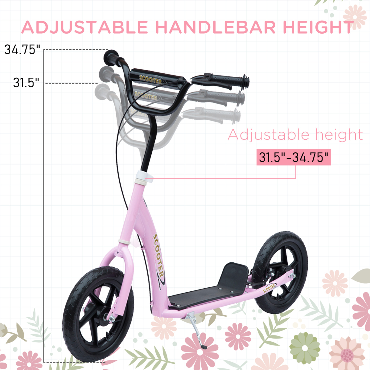 Push Scooter Teen Kids Stunt Bike Ride On with 12" EVA Tyres, Pink