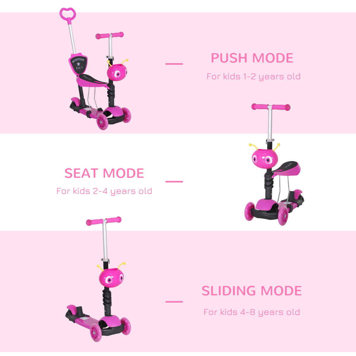 5-in-1 Adjustable Kids Scooter with Removable Seat