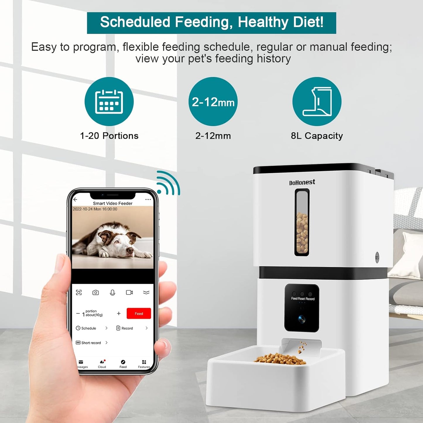 Automatic Dog Feeder 8L with Camera: 5G WiFi Easy Setup Motion Detection Smart Cat Food Dispenser 1080P