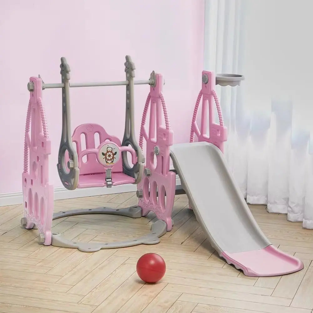 3-in-1 Children's Playground Set with Garden Climber, Slide, Swing, and Basketball Hoop in Pink
