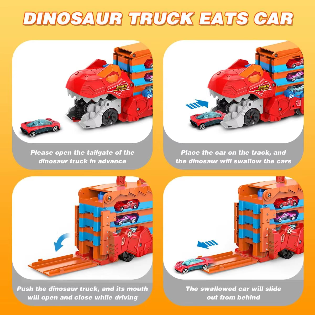 Dinosaur 3-in-1 Transport Truck with 8 Race Cars - Ejection Folding Portable Track Toy with Sound for Kids Age 3+