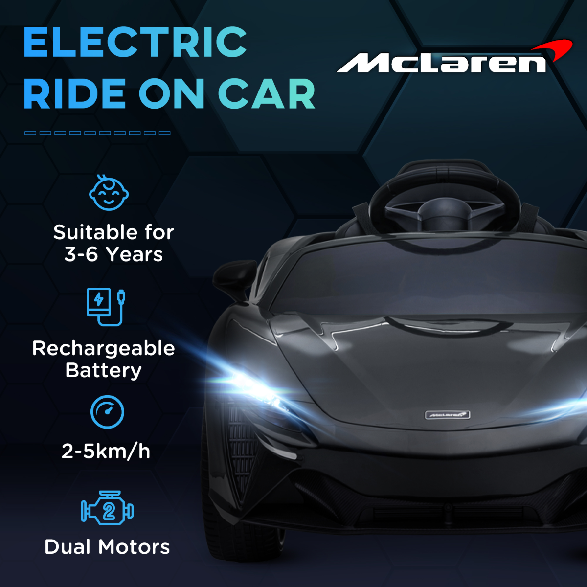 McLaren Licensed 12V Kids Electric Ride-On Car w/ Remote Control, Music - Black
