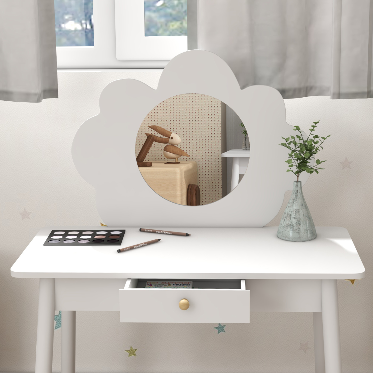 AIYAPLAY Cloud-Inspired Kids Dressing Table Set with Mirror & Stool