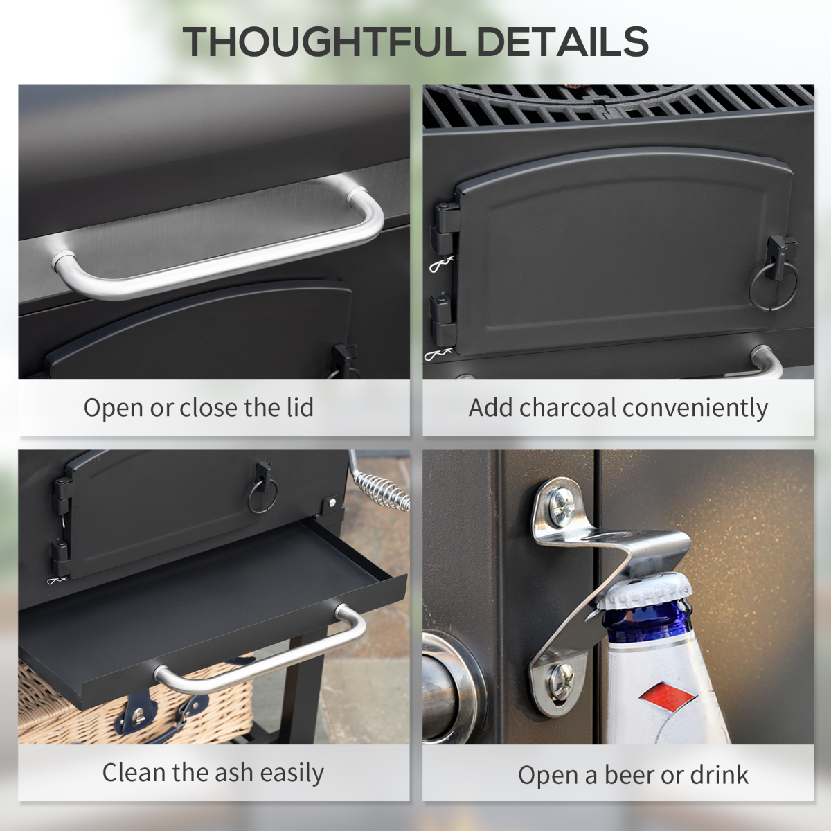 Adjustable Charcoal BBQ Trolley with Thermometer & Lid Handle